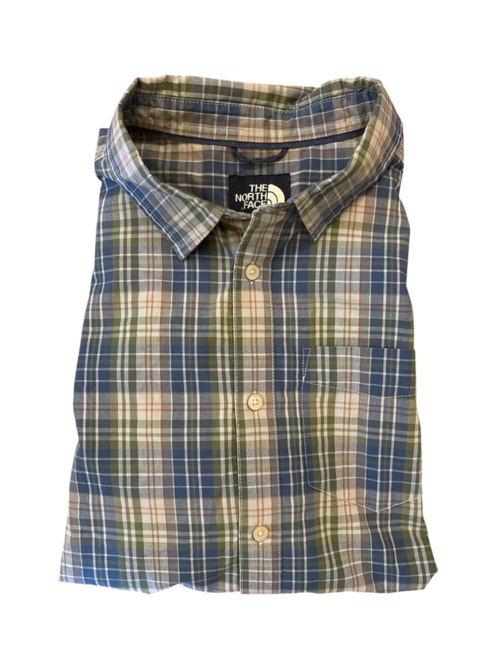 The North Face Green, Blue & Tan Plaid Casual Button-Down Shirt, size Large